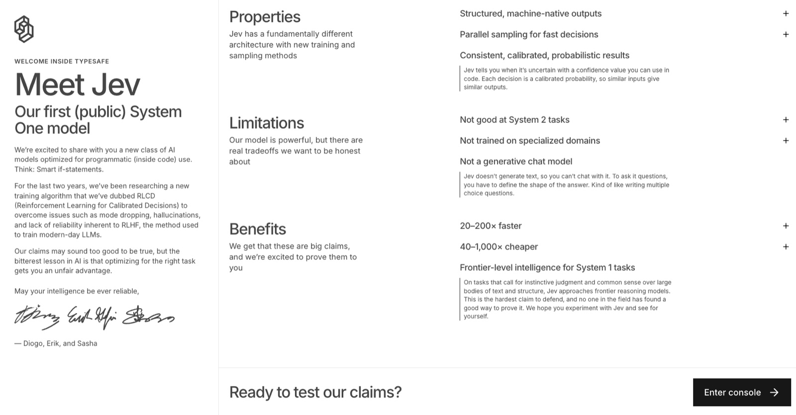 TypeSafe AI "Meet Jev" page listing properties, limitations and benefits: 20 to 200x faster, 40 to 1,000x cheaper, frontier-level intelligence for System 1 tasks