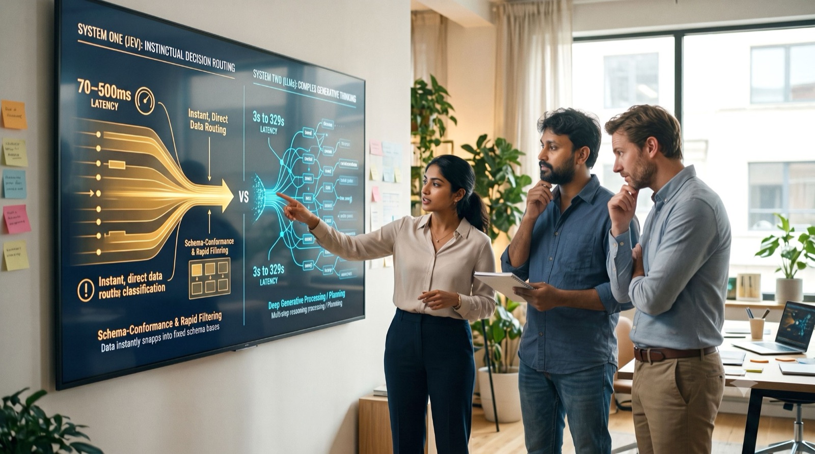 Two engineers and a presenter reviewing a wall display that contrasts System One instinctive routing at 70 to 500 ms with System Two generative thinking at 3 to 329 s